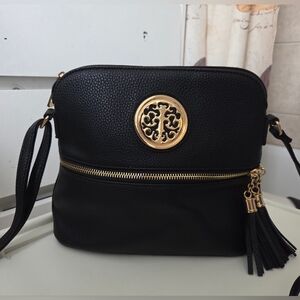 Rebecca & Rifka Black Saffiano Faux Leather Crossbody Bag with Medallion Tassels